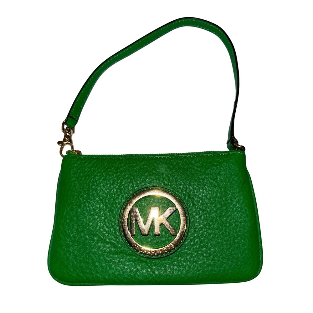 Michael Kors Fulton Leather Wristlet Pear Green Gold Logo‎ pebbled leather
